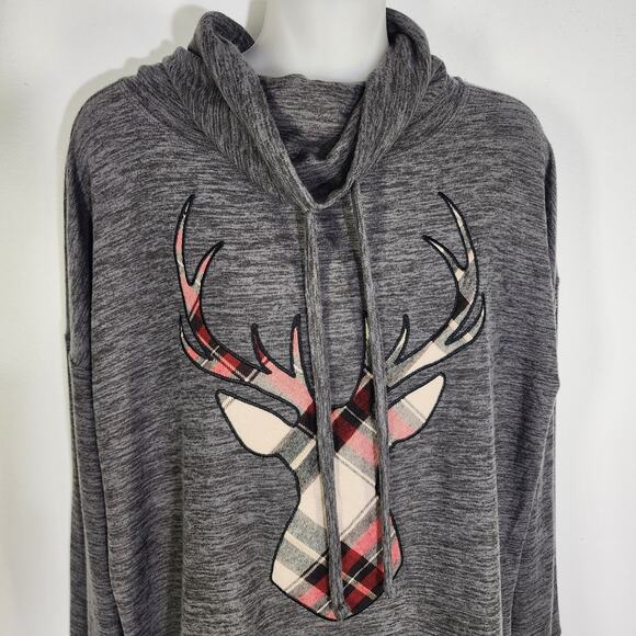 Maurices Womens Sweatshirt Gray Plaid Reindeer Cowl Neck Pullover Cozy Medium - Picture 3 of 11